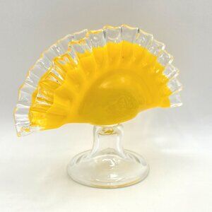 Vintage Bright Yellow Hand Blown Glass Ruffled Pedestal Fan Napkin Letter Holder